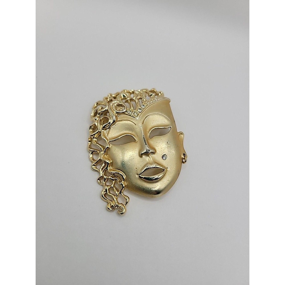 Vintage Gold Tone Drama Mask Brooch pin Rhinestone Beauty Mark Theatrical Face - Picture 10 of 10